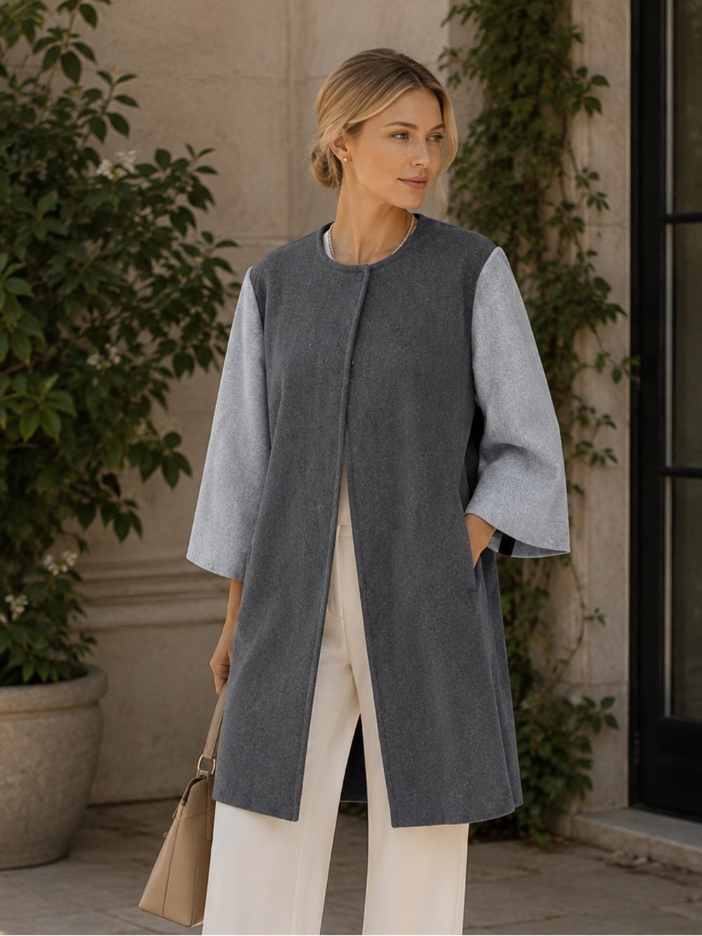 NWT ISAAC MIZRAHI Minimalist Gray Color Block Wool-Blend Long Line Jacket, L